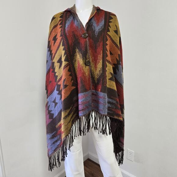 Euty Southwestern Poncho Wrap Hooded Western Blanket Aztec Fringe Button Front - Picture 1 of 12